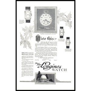 1924 The Longines Watch Vintage Print Ad Christmas Gift Holly Leaves Wall Art